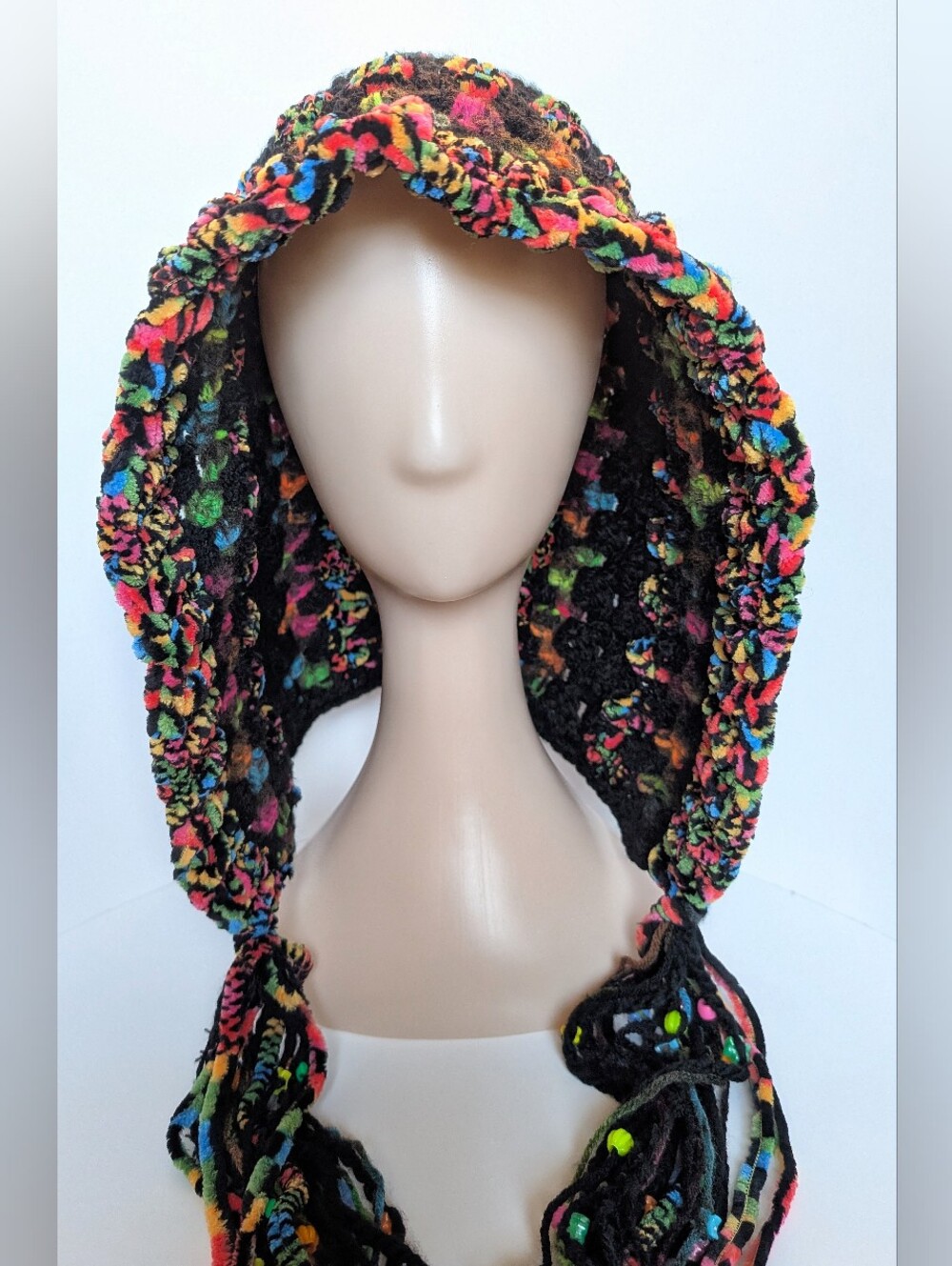 NEW, Crochet hood with beads, neon, handmade